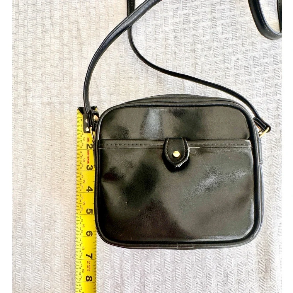 Vintage Black Faux Leather Crossbody Bag Square‎ Camera Bag Gold Hardware
